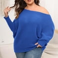 thumbnail image 4 of Odeerbi Winter Off The Shoulder Batwing Sweaters For Women Plus Size Loose Solid Color Sweater 2025 Fashion Round Neck Long Sleeve Large Knit Sweater Blue, 4 of 5