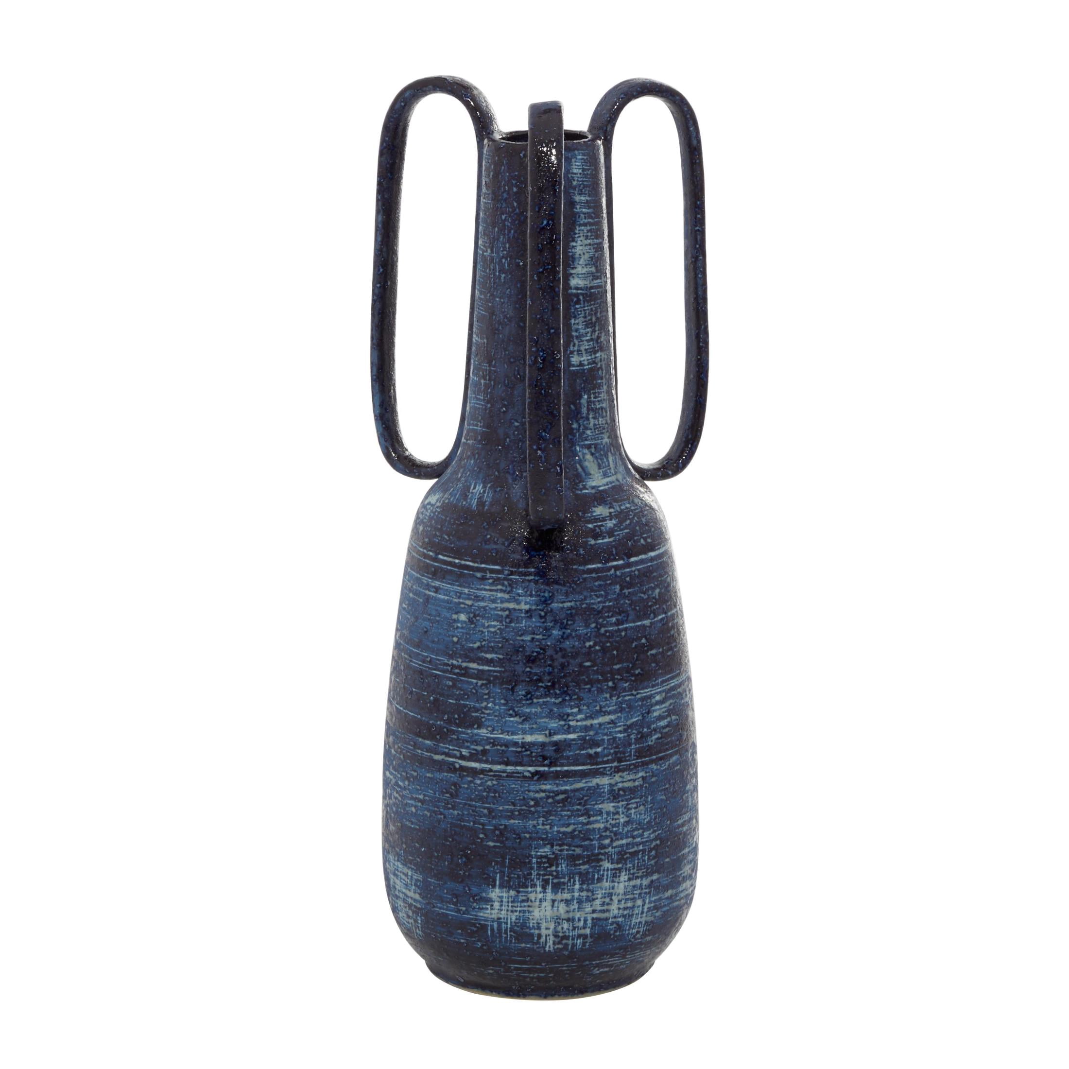 DecMode 17" Blue Ceramic Vase with Handles