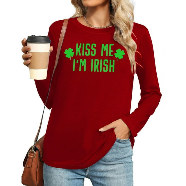 Uootdi St Patricks Day Long Sleeve Shirts for Women Retro Lucky Clover Tshirt Irish Shamrock Graphic Tee Tops Gift