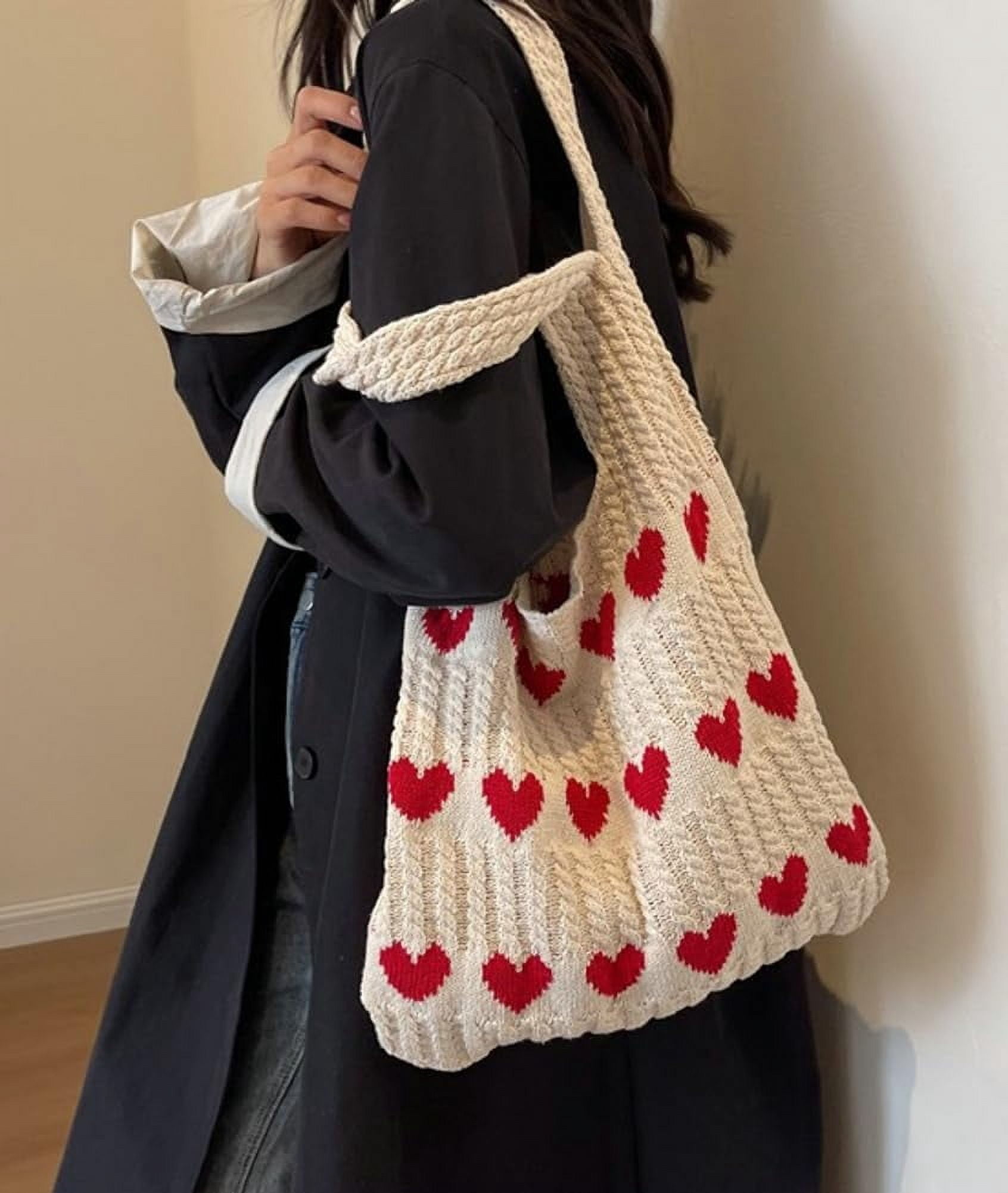 Crochet Tote Shoulder Bag for Women. Large heart - shaped beach bag. Handmade knitted hobo bag