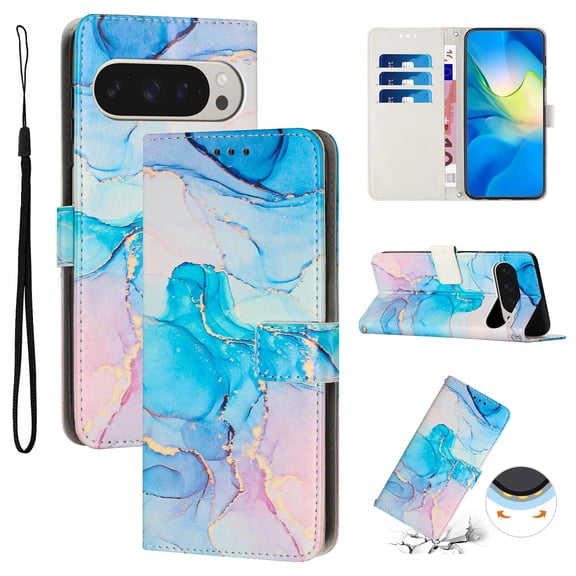 for Google Pixel 8 Wallet Case with Card Holder,Women Men RFID Blocking PU Leather Flip Cover Wrist Strap Magnetic Closure Credit Card Slots Marble Patterned Book Style Phone Case,Green