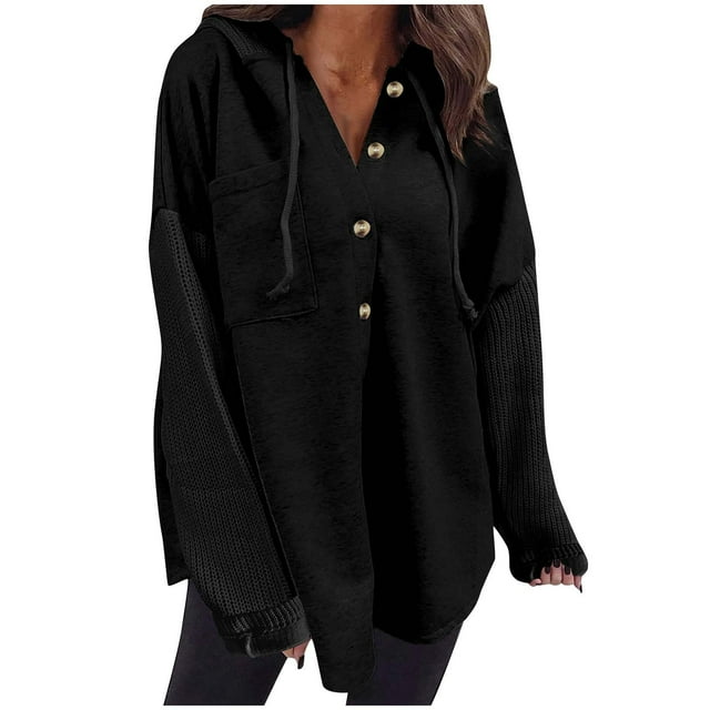 Swstbby Soldes d'Automne! Hauts d'Automne pour Femmes Grande Taille, Chandail à Capuchon Décontracté à Manches Longues Patchwork Contrasté Noir m