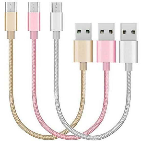 Micro USB Short Cords, 3 Pack 8in / 21cm Nylon Braided Micro USB Fast Charger Cable for Samsung, LG, HTC, Nokia, Android Phone and More (Gold/Space Grey/Rose Gold)