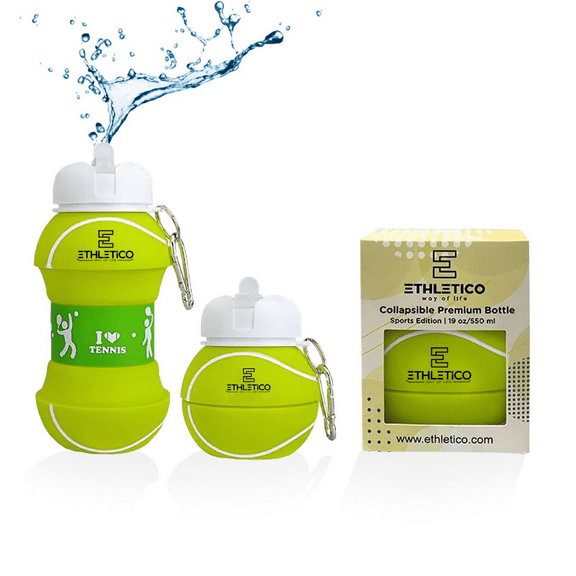Ethletico Kids' Tennis Shaped Collapsible Water Bottle - BPA Free, Leak Proof, Durable, Lightweight, and Portable