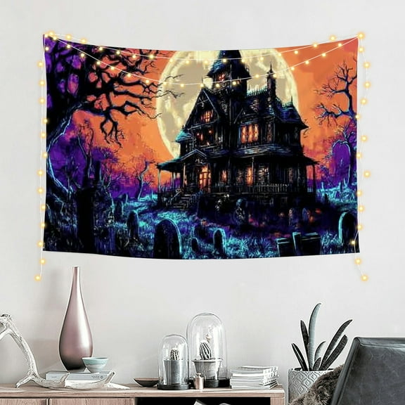 FCXZI   Blacklight Halloween Horror Tapestry UV Reactive Skull Tapestries Halloween Wall Art Decor Trippy Gothic Castle and Moon Tapestry Wall Hanging for Bedroom 60*40in