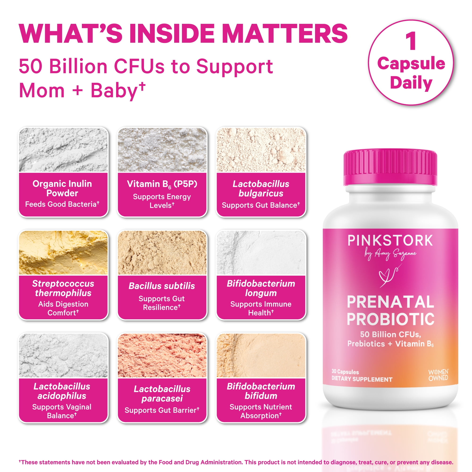 Pink Stork Prenatal Probiotics for Pregnancy, Digestive and Immune Support with Prebiotics & B6, 30 Servings