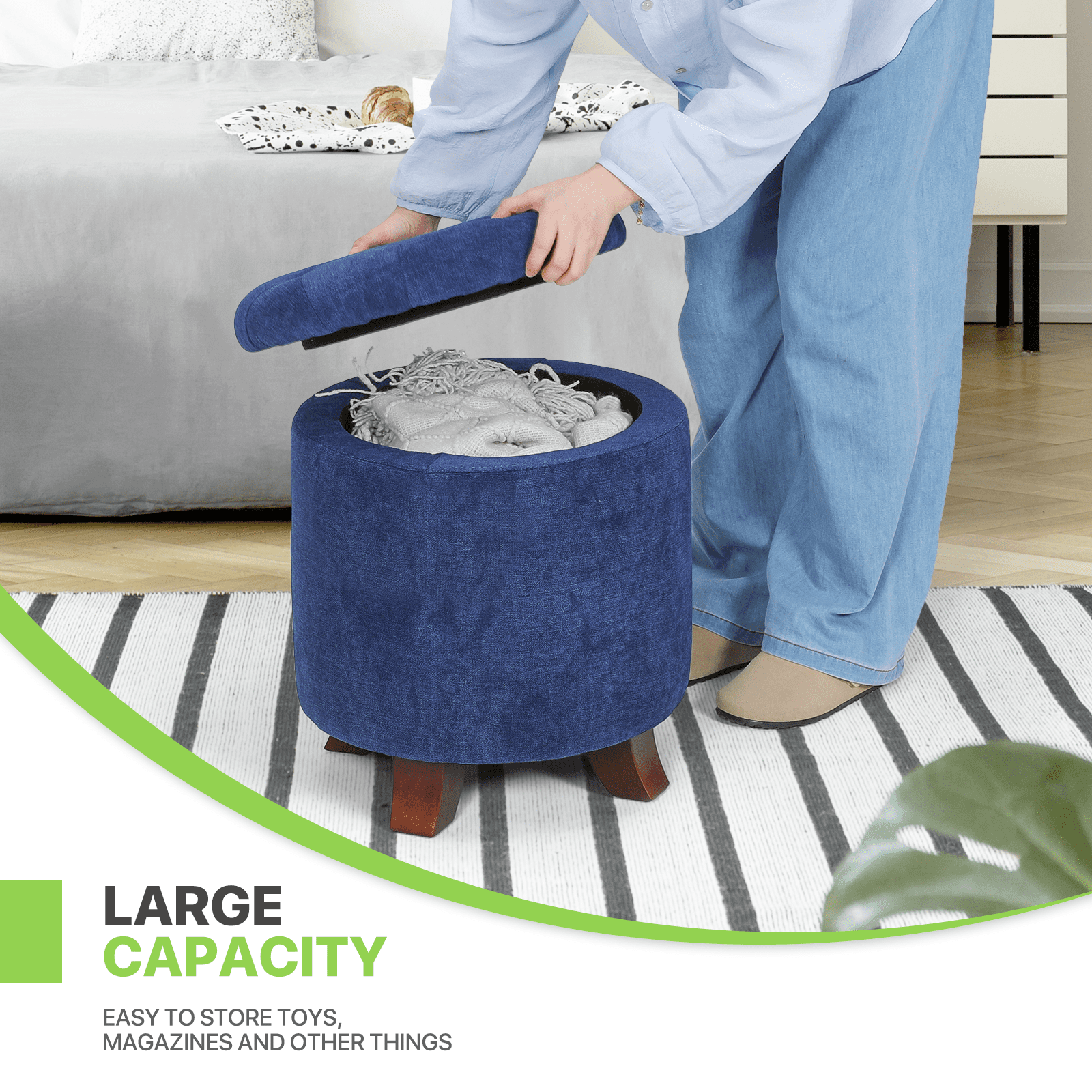 Magshion Storage Ottoman with Padded Seat, Modern Cotton-linen Footrest, Round Seat stool for Living Room Bedroom , Navy Blue