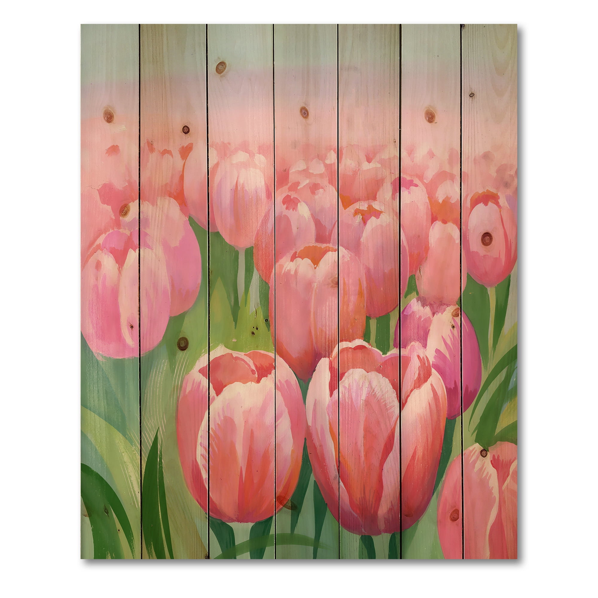 Designart 'Pink Tulips in Field' Traditional Print on Natural Pine Wood