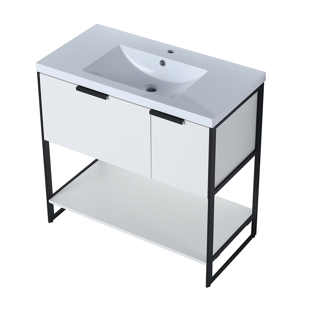 Kepooman 35" Modern Floating Bathroom Vanity, Free Standing Cabinet with Doors and Drawer, White Straight Grain