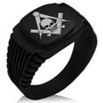 thumbnail image 1 of Stainless Steel Freemasons Masonic Skull & Crossbones CZ Ribbed Needle Stripe Pattern Biker Style Polished Ring, 1 of 1
