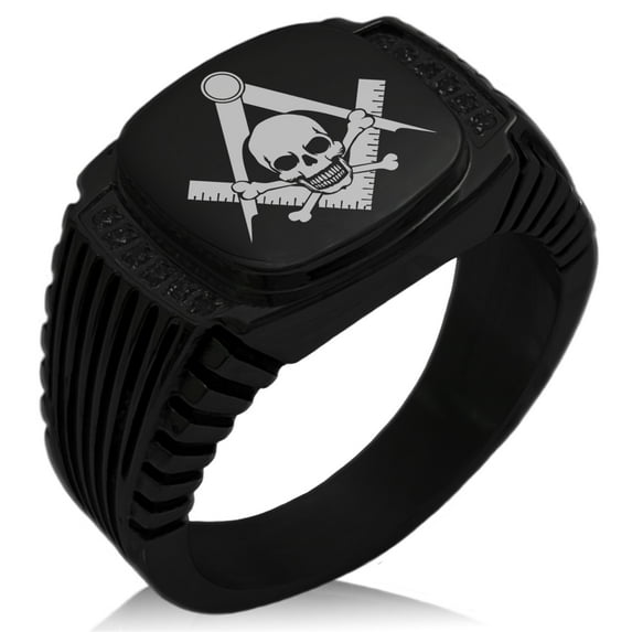 Stainless Steel Freemasons Masonic Skull & Crossbones CZ Ribbed Needle Stripe Pattern Biker Style Polished Ring