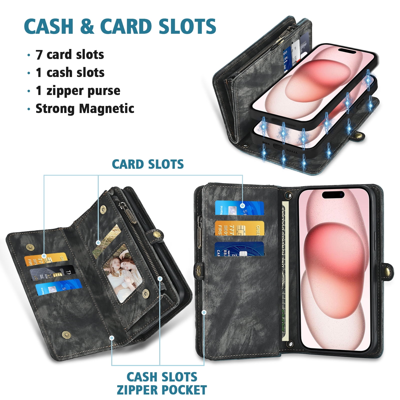 Asuwish Compatible with iPhone 15 6.1 inch Phone Case Zipper Wallet Detachable Tempered Glass Screen Protector Crossbody Lanyard Strap Flip Card Holder Cell Cover for i Phone15 i15 15Case Women Black
