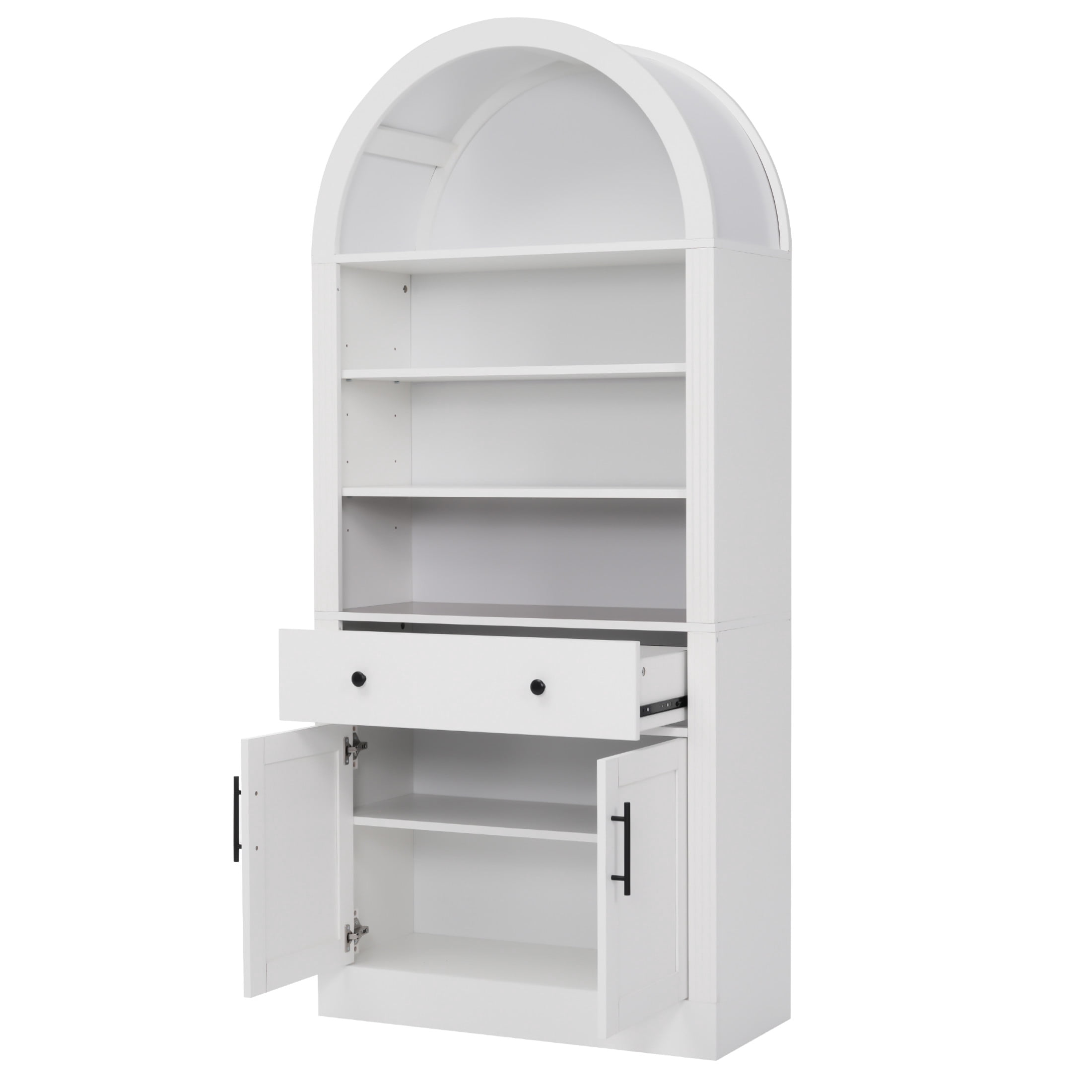 GDF Studio Corvel 70.9" Arched Bookshelf with Storage Cabinet & Adjustable Shelves, Kitchen Pantry Cabinet, White