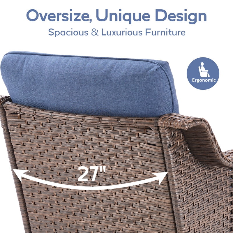 PARKWELL 3-Piece Outdoor Swivel Rocker Chair with Side Table,All-Weather Rattan Swivel Glider Rocking Lounge Chair,Patio Bistro Set for Porch Deck Backyard,Brown/Navy