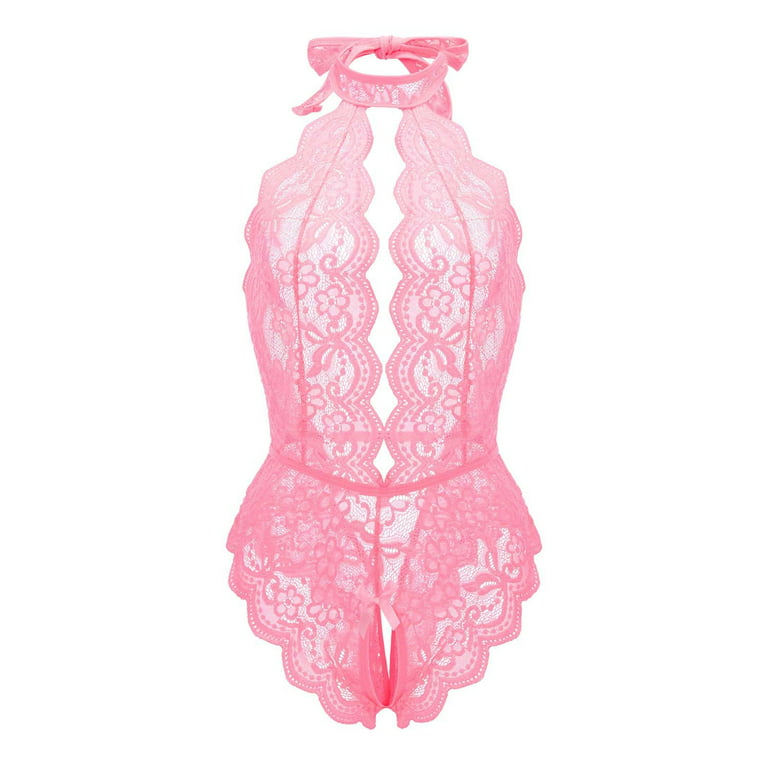 Pimfylm Cut Out Bodysuit For Women Women's Lace Bodysuit Teddy Lingerie  Deep V Floral One Piece Lingerie Pink X-Large
