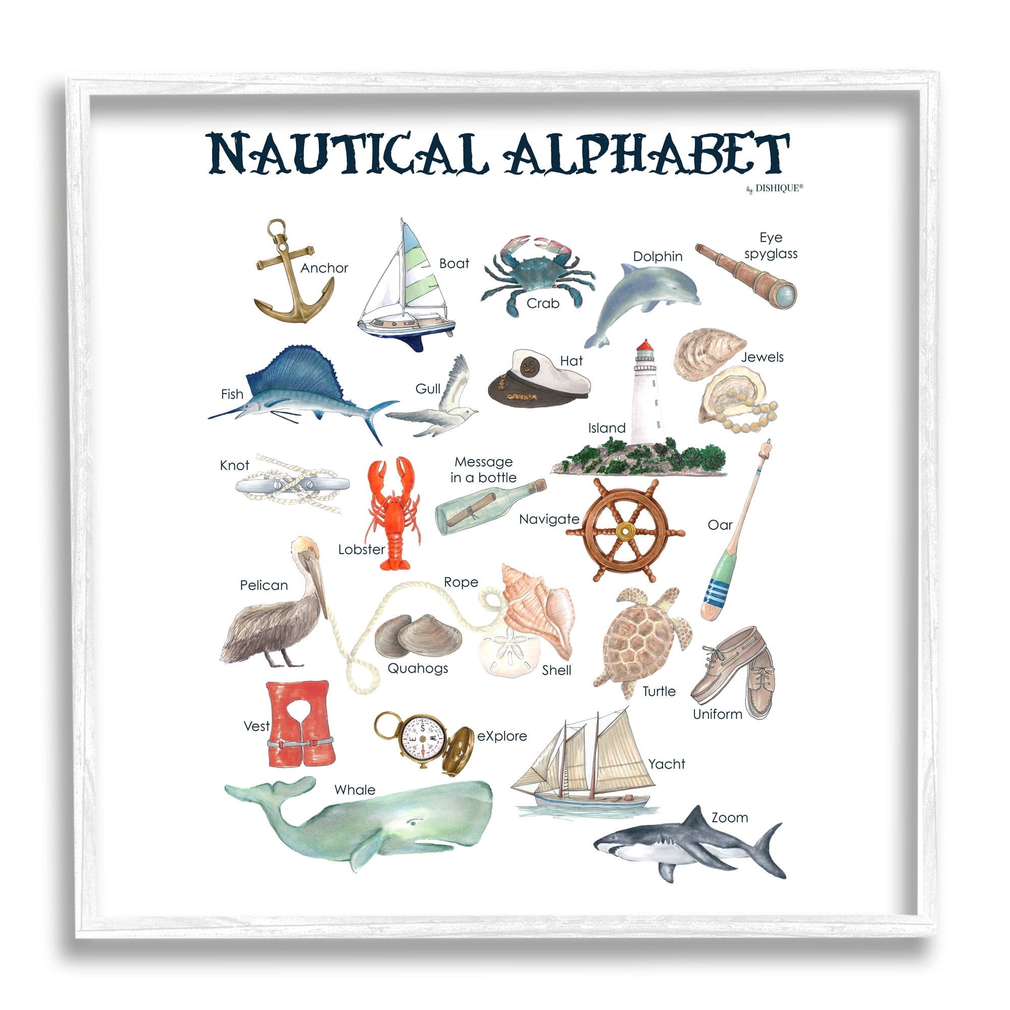 Stupell Industries Educational Nautical Alphabet Learning Chart Marine Wildlife Graphic Art White Framed Art Print Wall Art, Design by Dishique