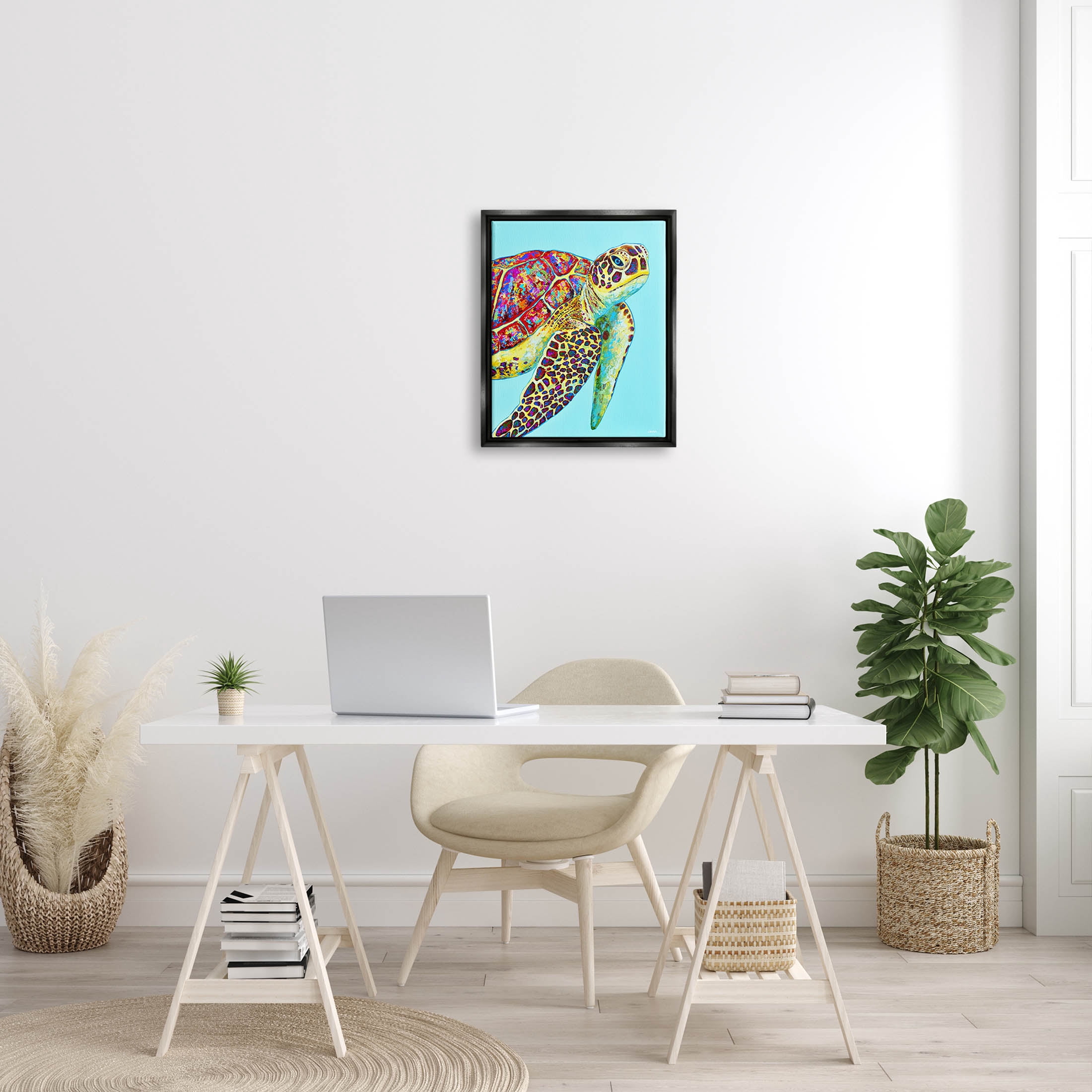 Swimming Sea Turtle Turquoise Accent Animals & Insects Graphic Art Jet Black Framed Art Print Wall Art
