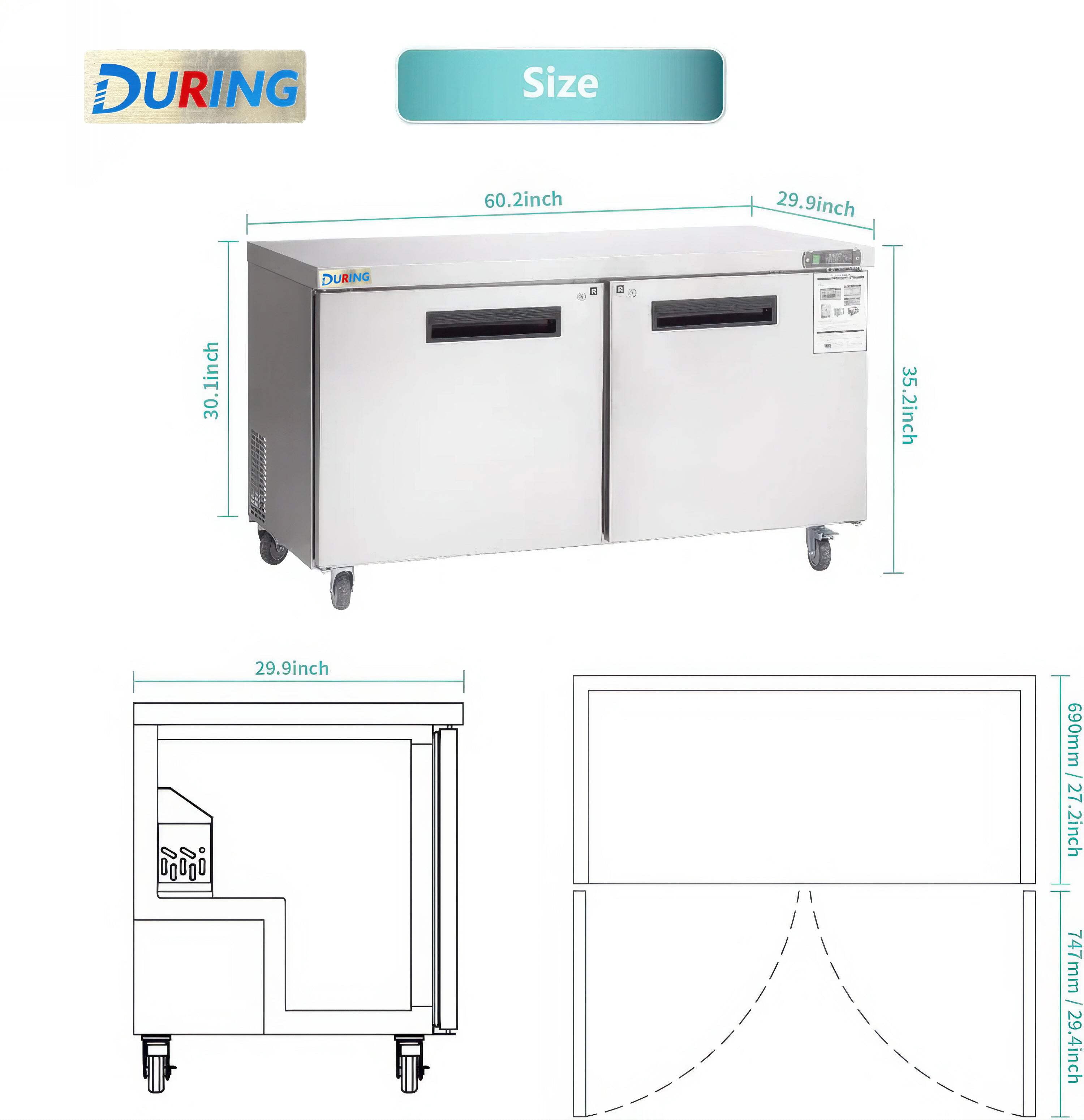 DURING D-KTF-60B 60" Double Door Stainless Steel Lowboy Worktop Freezer, 14.8 Cu.ft, Commercial Undercounter Freezer