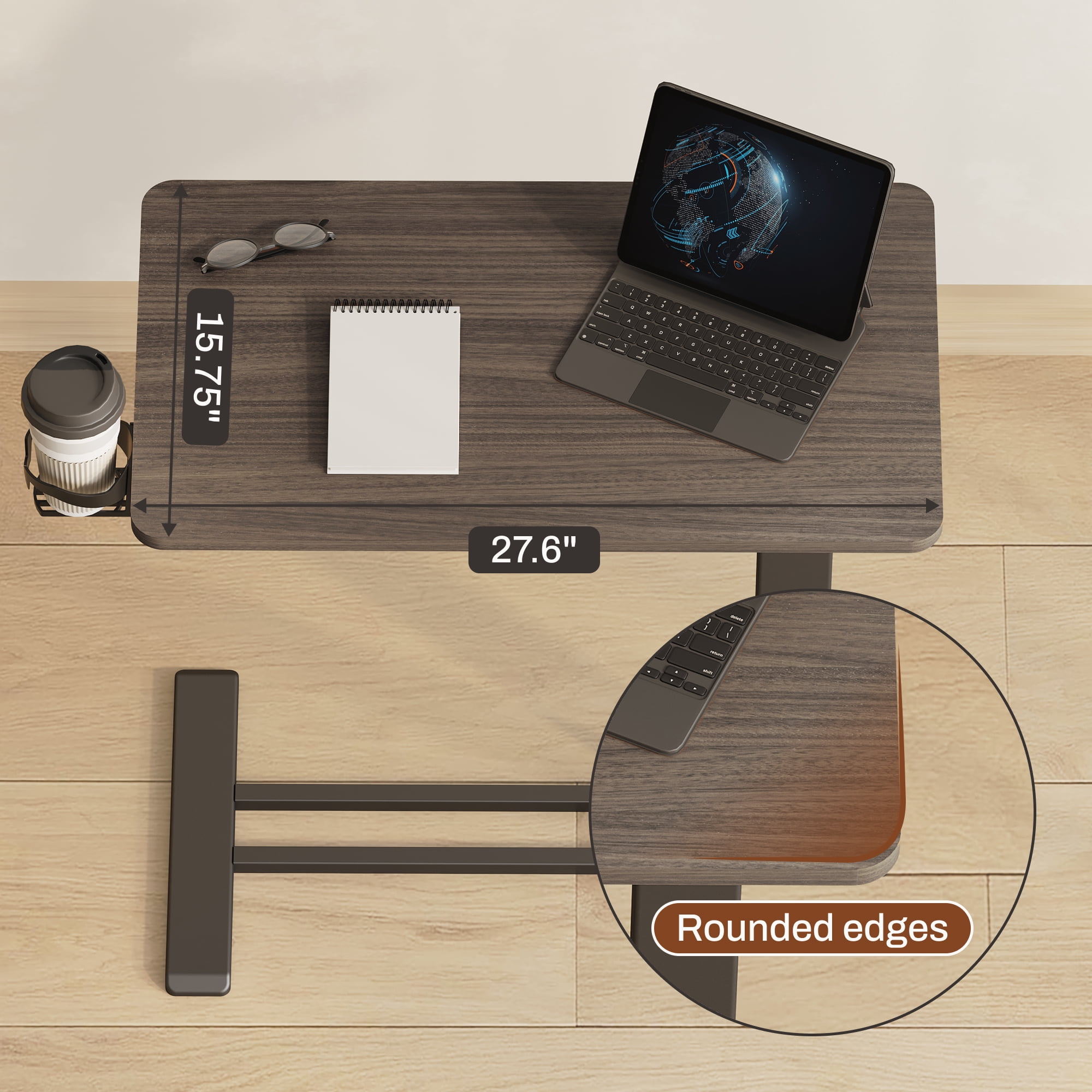FitStand Height Adjustable Medical Bed Table with Hidden Casters, Rolling Laptop Desk with Cup Holder, Small Pneumatic Sit Stand Desk for Home Office, Sofa or Bedside Use, 28"x16", Walnut