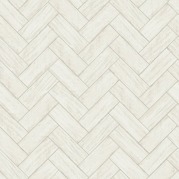3122-10100 Kaliko White Wood Herringbone Wallpaper with Woodgrain Detailing Raised Inks in Off White Neutral Colors Farmhouse Style Prepasted Acrylic Coated Paper