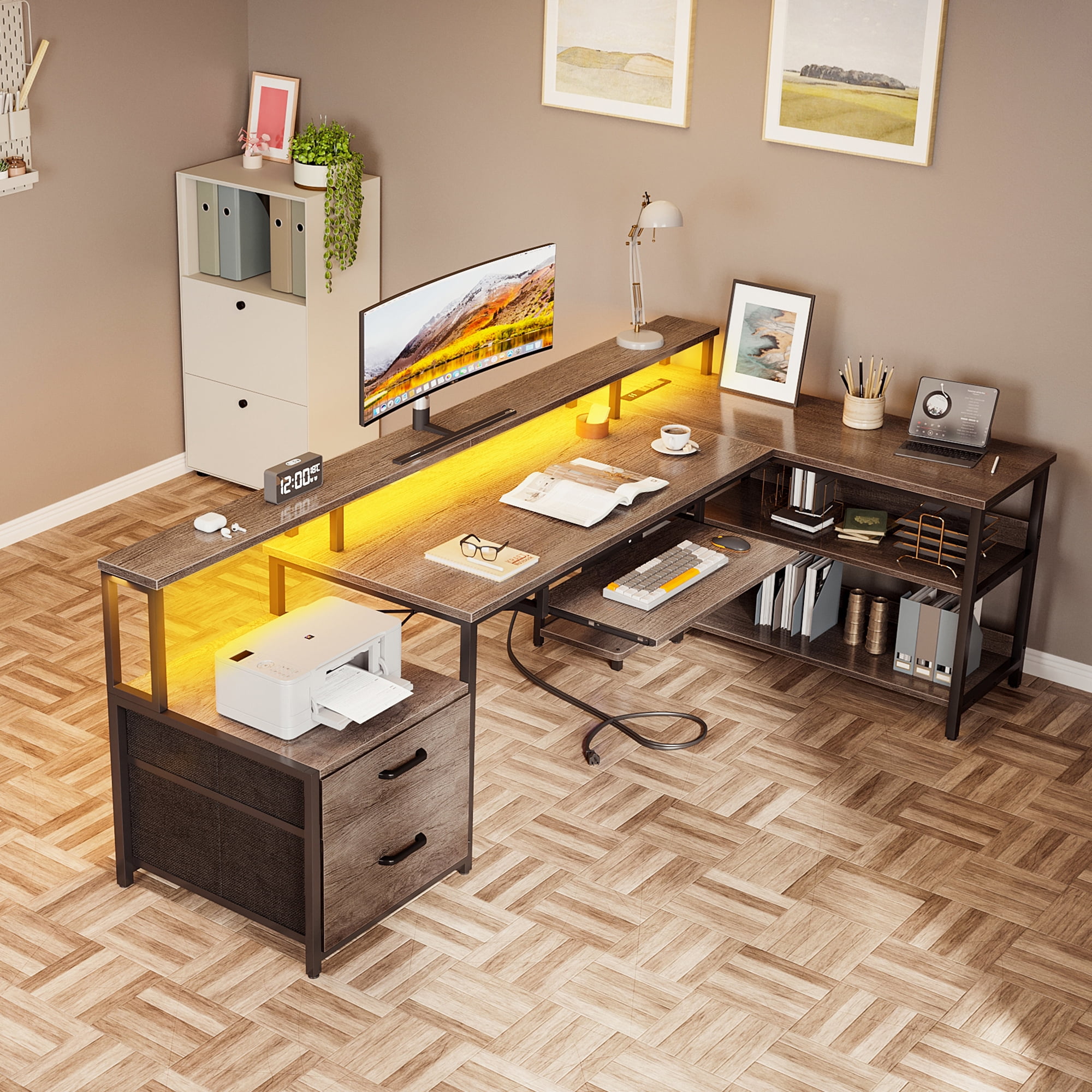 66 inch L-Shaped Gaming Desk with LED Lights & Power Outlets, Corner Computer Desk with 2 Drawers & Storage Shelves, Reversible Workstation for Home Office, Gray
