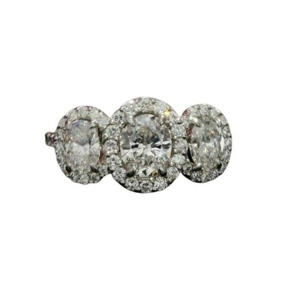 HeartsAndYou 3ct Oval Cut Moissanite Halo Trilogy Engagement Ring for Women 18k White Gold over Silver