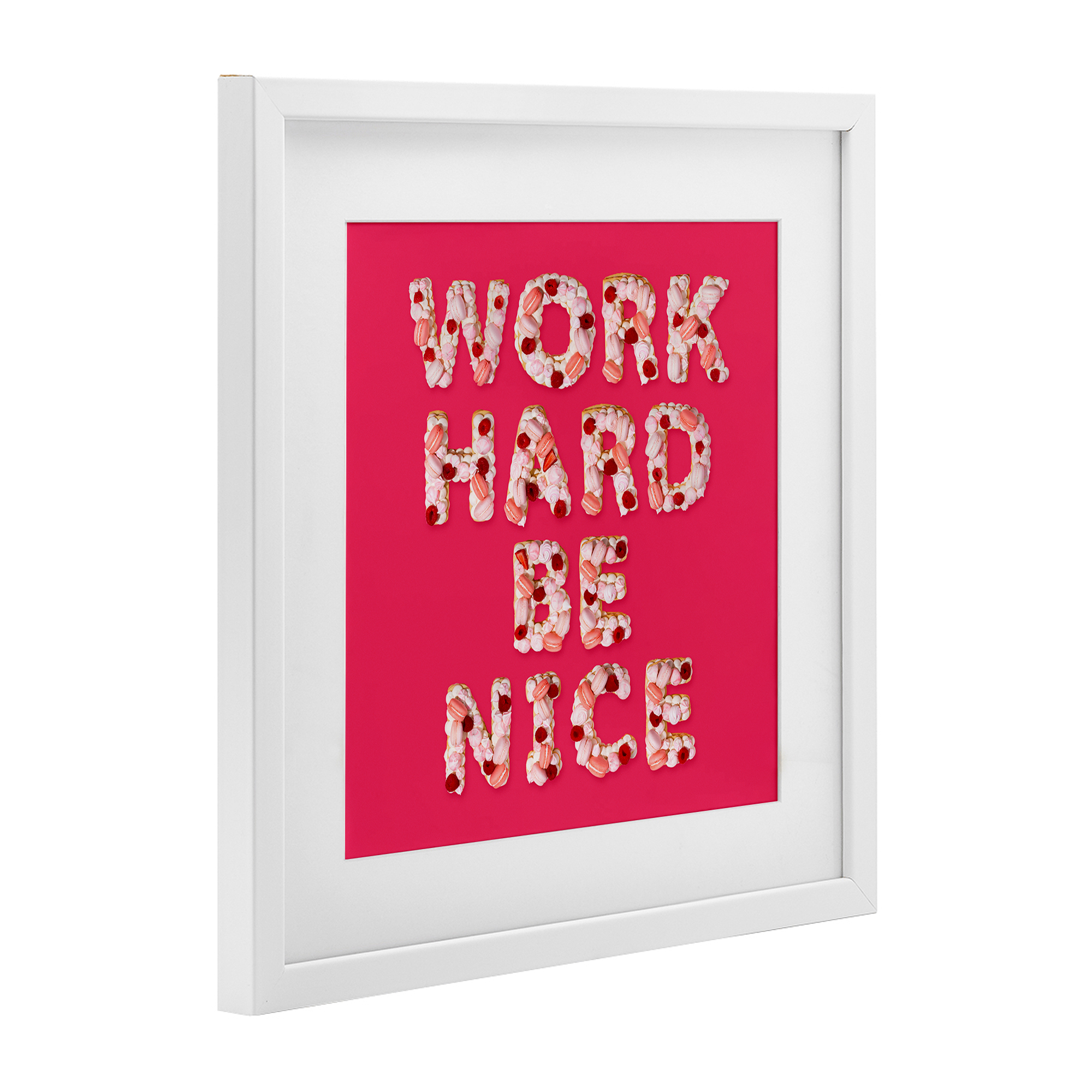 Work Hard Be Nice White Framed Print Under Glass, design by LISH Creative