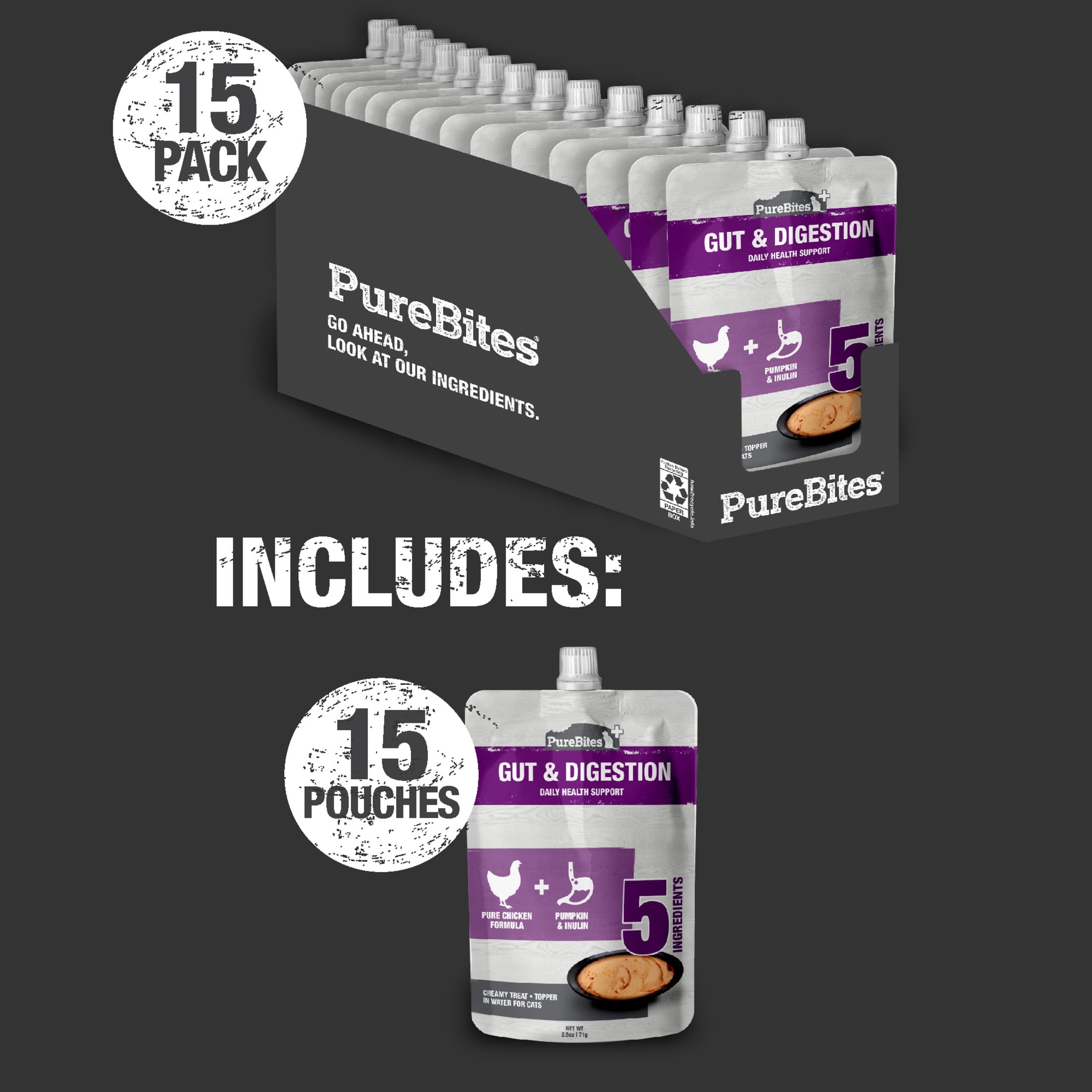 PureBites+ Gut & Digestion Squeezables for Cats, Only 5 Ingredients,  Case of 15