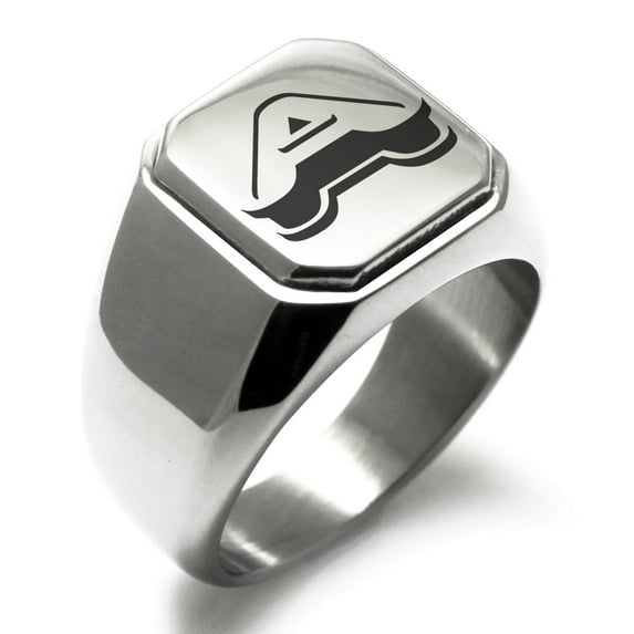 Stainless Steel Letter A Initial 3D Monogram Engraved Engraved Square Flat Top Biker Style Polished Signet Ring