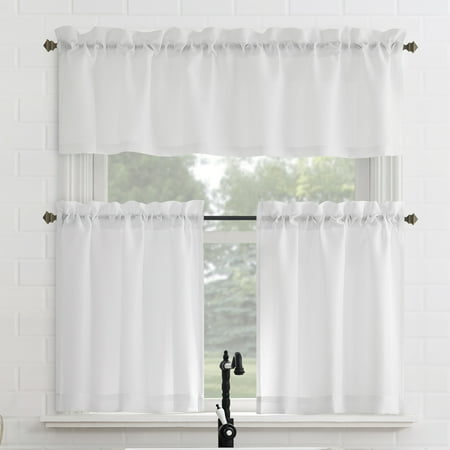 mainstays 3-piece textured semi sheer rod pocket kitchen window tier pair and valance 2 café curtains and 1 curtain valance navy 56 w x 36 l