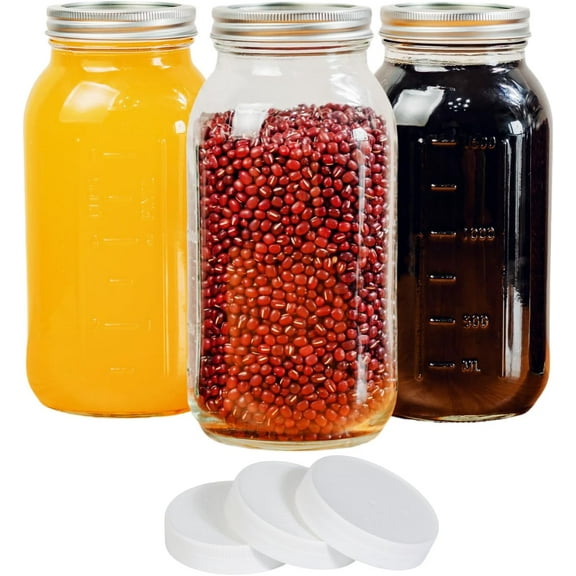 3 Pack 64 oz Clear Wide Mouth Mason Jars with Airtight Lids and White Plastic Mason Jar Lids,Half Gallon Jars, Canning Jars