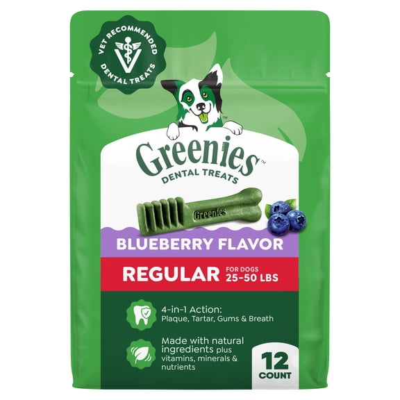 Greenies Blueberry Flavor Adult Natural Dental Dog Treats Regular Size, 12 oz Pack (12 Count)