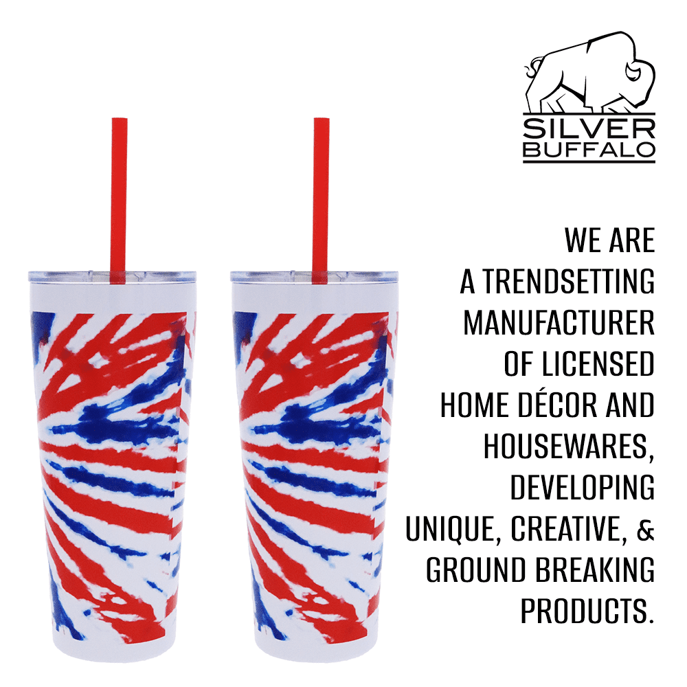 Silver Buffalo Patriotic Tye Dye Double Walled Stainless Steel Tumbler with Straw, 22 fl oz, 2-Pack