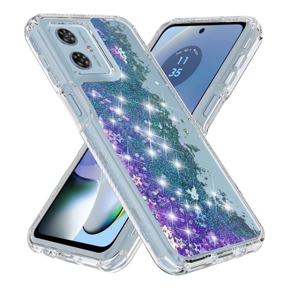 Rosebono Compatible With Motorola Moto G54 5G Case, 3in1 Hybird Colorful Gradient Quicksand Glitter Liquid Floating with Frame Bumper Protective Armor Case (Purple)