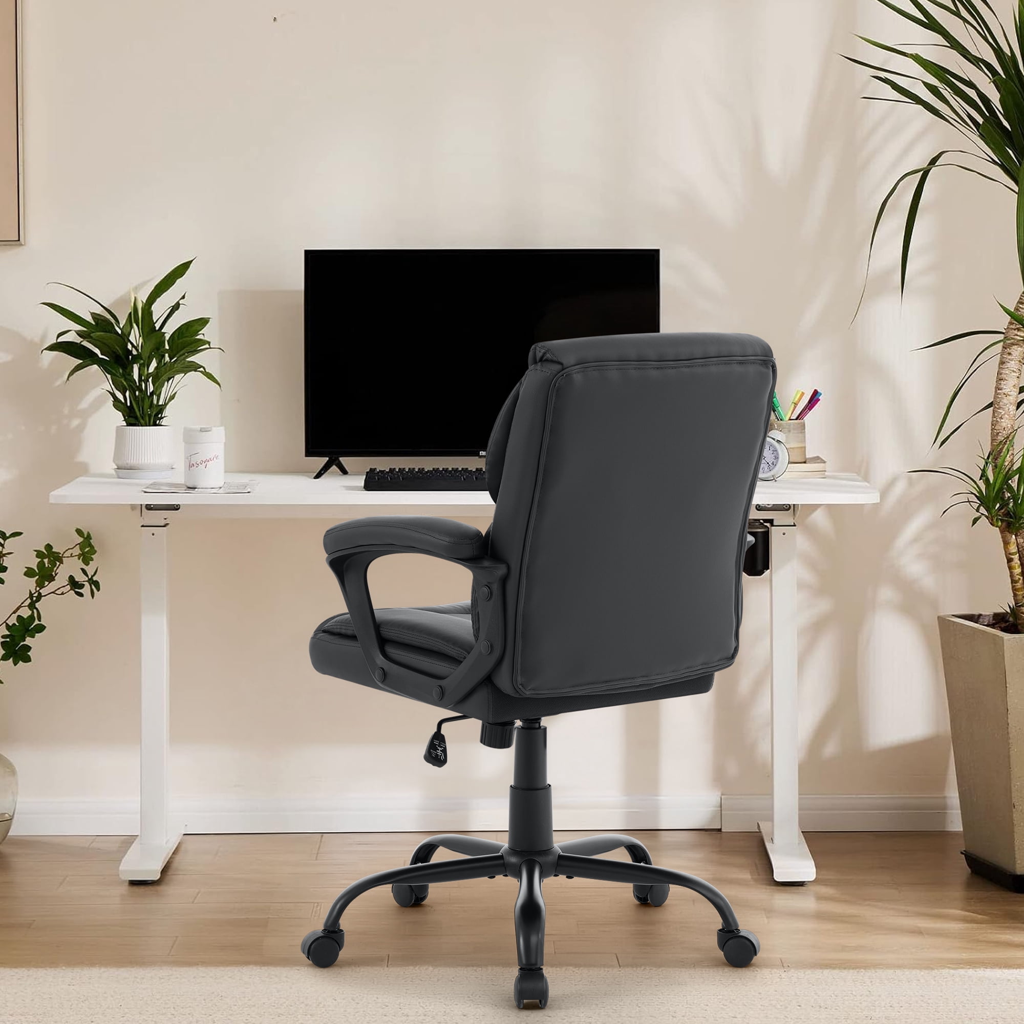 JONPONY Leather Office Chair, Big and Tall 400lbs Ergonomic Desk Chairs with Back Support, Executive Leather Chair with Wheels for Home Office, 360°Swivel Free, Black