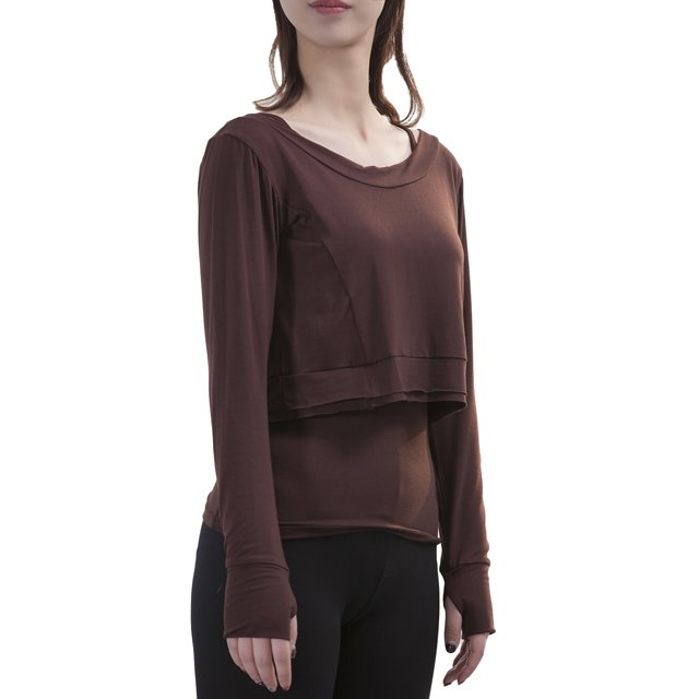 Tignapoo Women's Two-Piece Active Set: Short Crop Tee with Boat Neck & Thumb Hole + Camisole, Breathable Quick-Dry for Dance, Yoga, Running, Coffee Color, Asian Size L (S1801#)