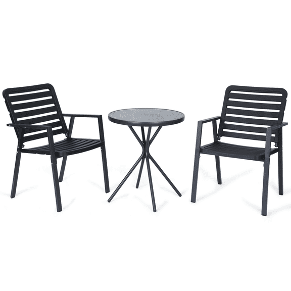 WENTUM 3 Pieces Bistro Set, All-Weather Chairs and Glass Table for Porch, Yard, Garden, Black