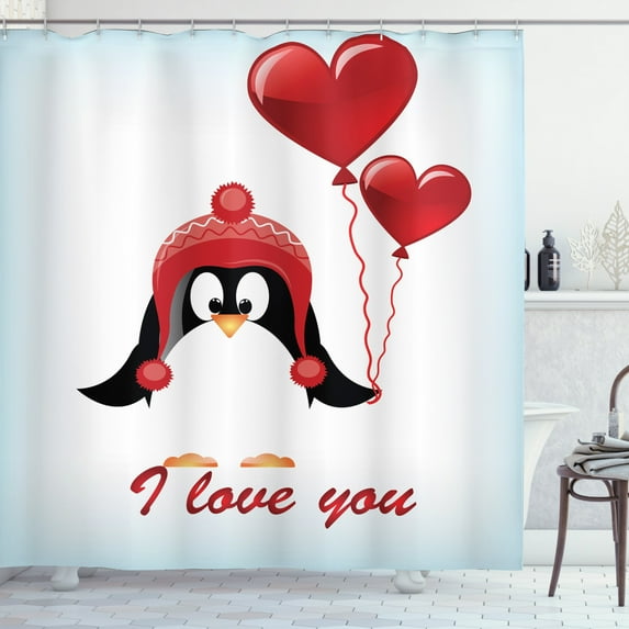 Ambesonne Valentine Shower Curtain, Balloons I Love You, 69"Wx84"L, Pale Blue Black Red
