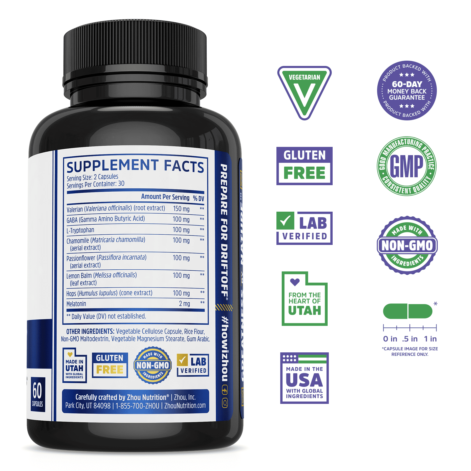 Zhou Drift Off Premium Sleep Aid with Valerian Root & Melatonin | Sleep Well, Wake Refreshed | 30 Servings, 60 Veggie Caps