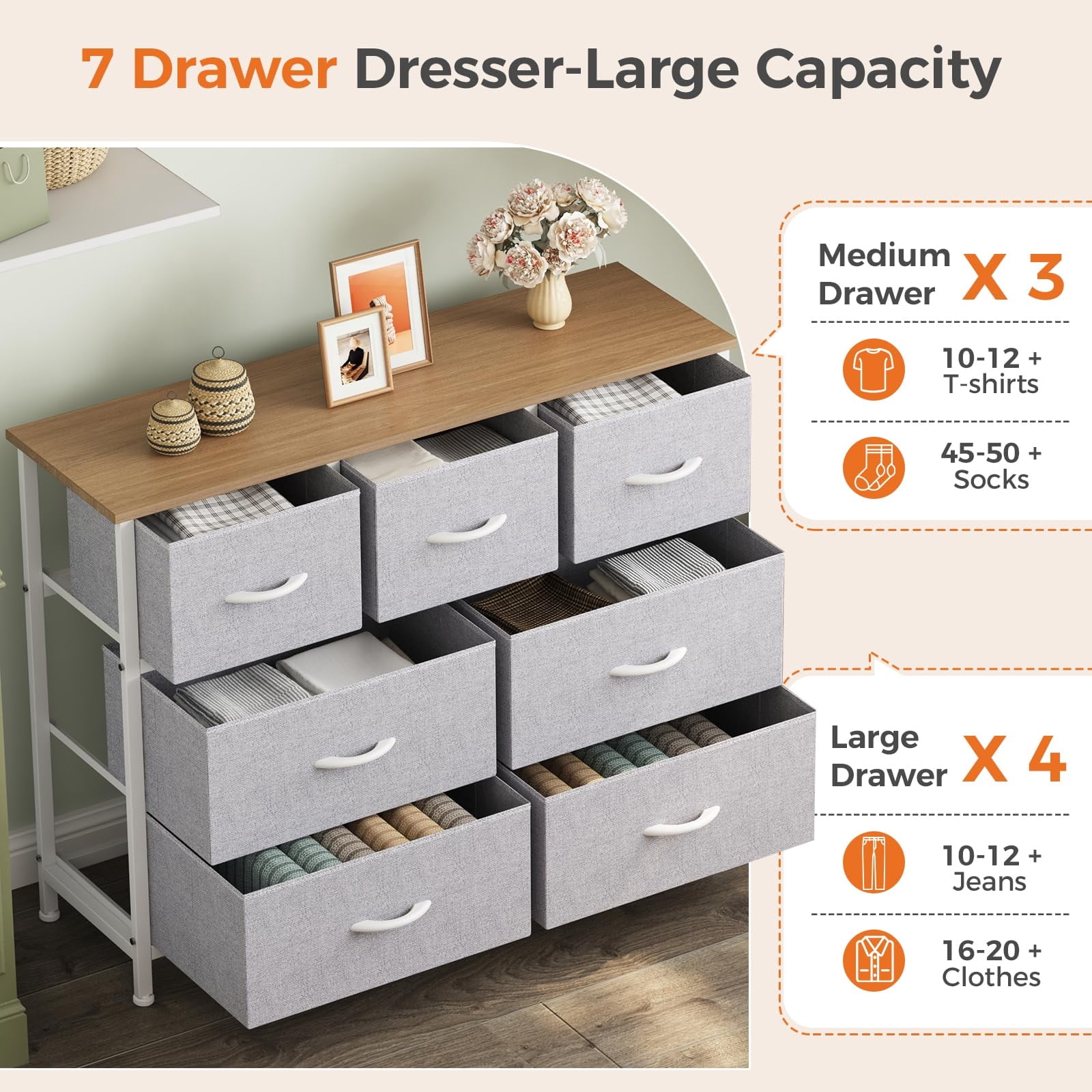 Telyra 7-Drawer Fabric Dresser TV Stand Organizer with Wood Top and Metal Frame Wide Storage Chest, Light Gray