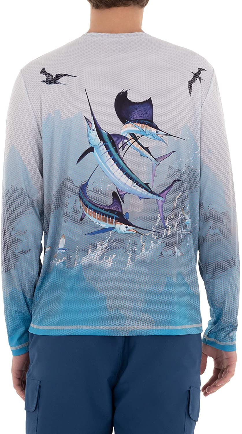Performance Fishing Hoodie Wave Life Mens Blue Marlin Large White L/S UPF50