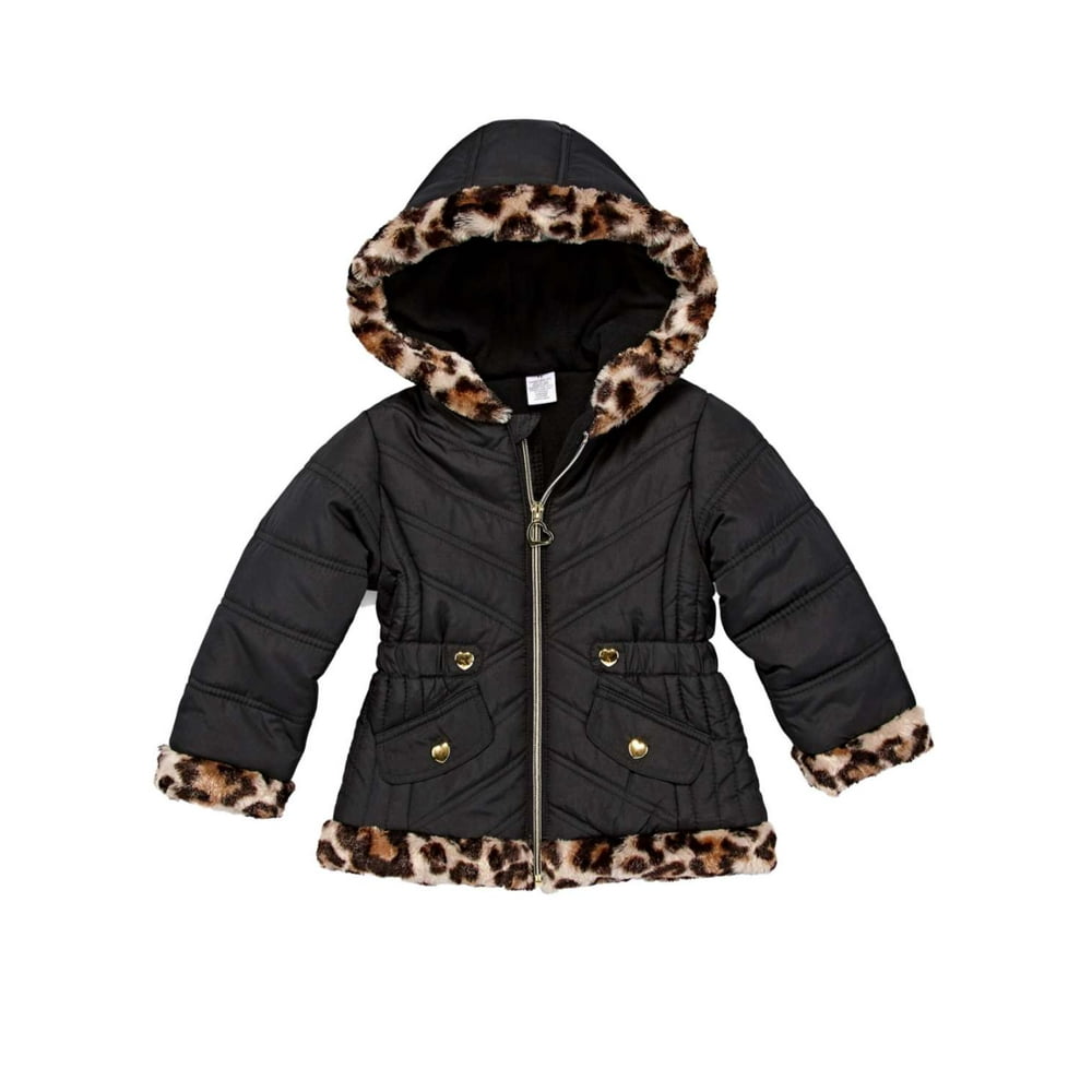 Okie Dokie Toddler Girls Quilted Black & Leopard Print Puffer Jacket