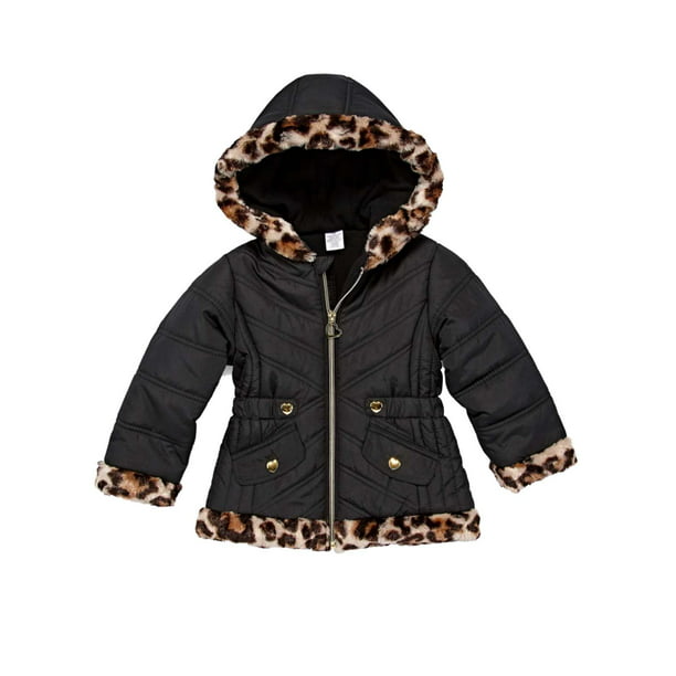 Toddler Girls Quilted Black Leopard, Black Winter Coat Toddler Girl