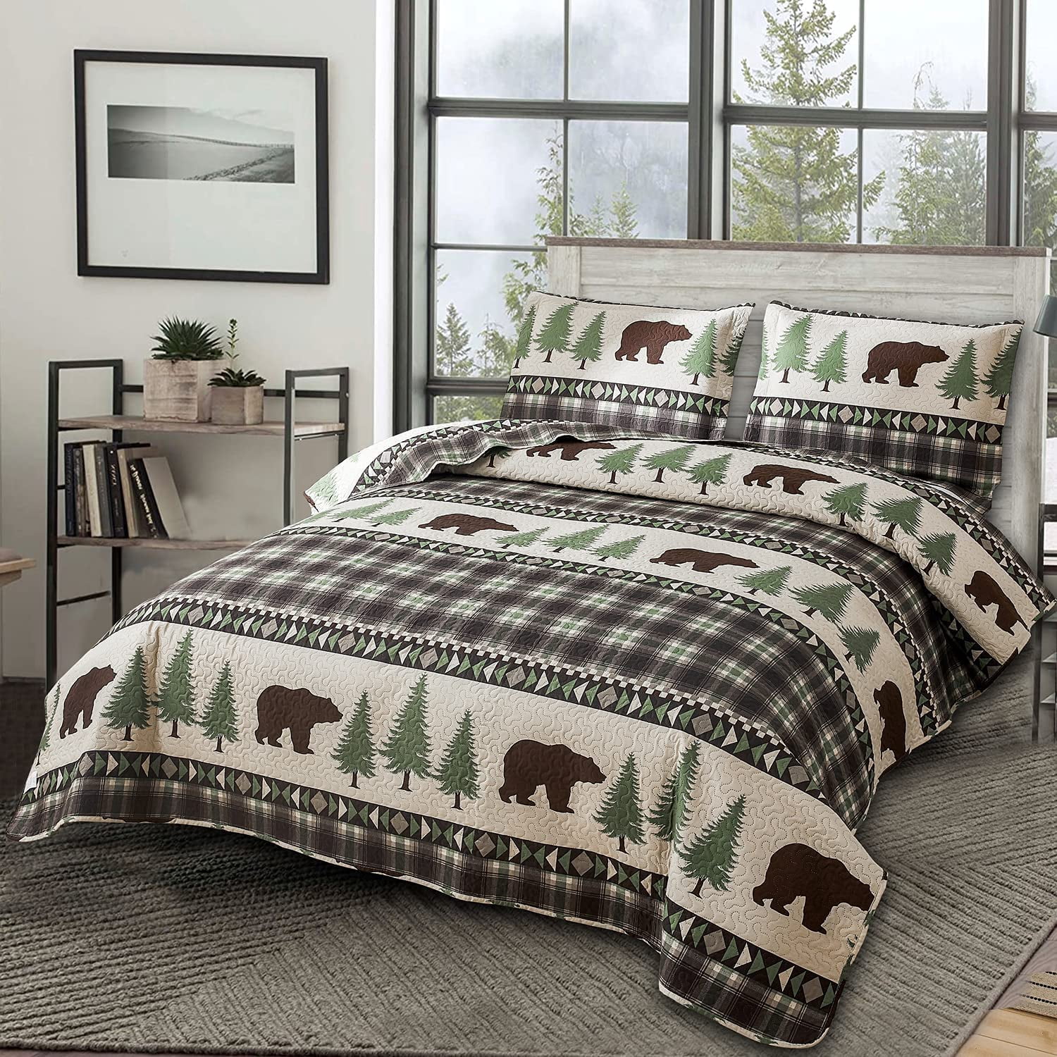 Jessy Home Rustic Quilts Queen/Full Green Plaid Bear Bedspread Microfiber Coverlet Set