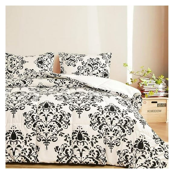 Down Comforter Set, Extra Warm & Ultra Soft Microfiber, 3 Pieces Bedding Set with 1 Comforter and 2 Pillow Shams (Full/Queen, Black & White Damask)