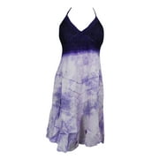 Mogul Womens Halter Dress Purple Tie-Dye Floral Embroidered Hippie Gypsy Dresses S