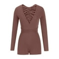 thumbnail image 5 of Elainilye Fashion Bodysuits for Women Round Neck Lacing Solid Color Long-Sleeved Shorts Backless Fallow Jumpsuit,Brown, 5 of 8