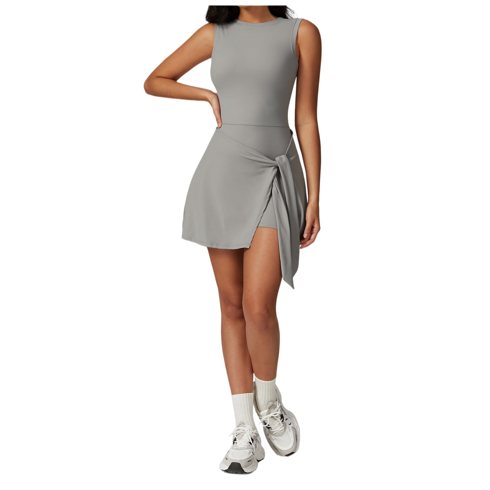 Women Sleeveless Mini Dress Wrap Tie Side Slim Fit Casual Athletic Short Dress Summer Outfit