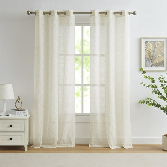 Fragrantex Sheer Cream Curtains 84 Inch Length for Living Room, Embroidered Diamond Grommet Window Panels for Bedroom, Light Filtering Linen Drapes for Nursery 2 Panels Set, 38" Wx84 L Linen
