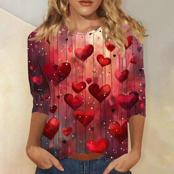 VKOYWKM Womens Valentine's Day T-Shirts Cute Love Heart Print 3/4 Sleeve Casual Crew Neck Holiday Tops Classic Romantic Valentine Clothes
